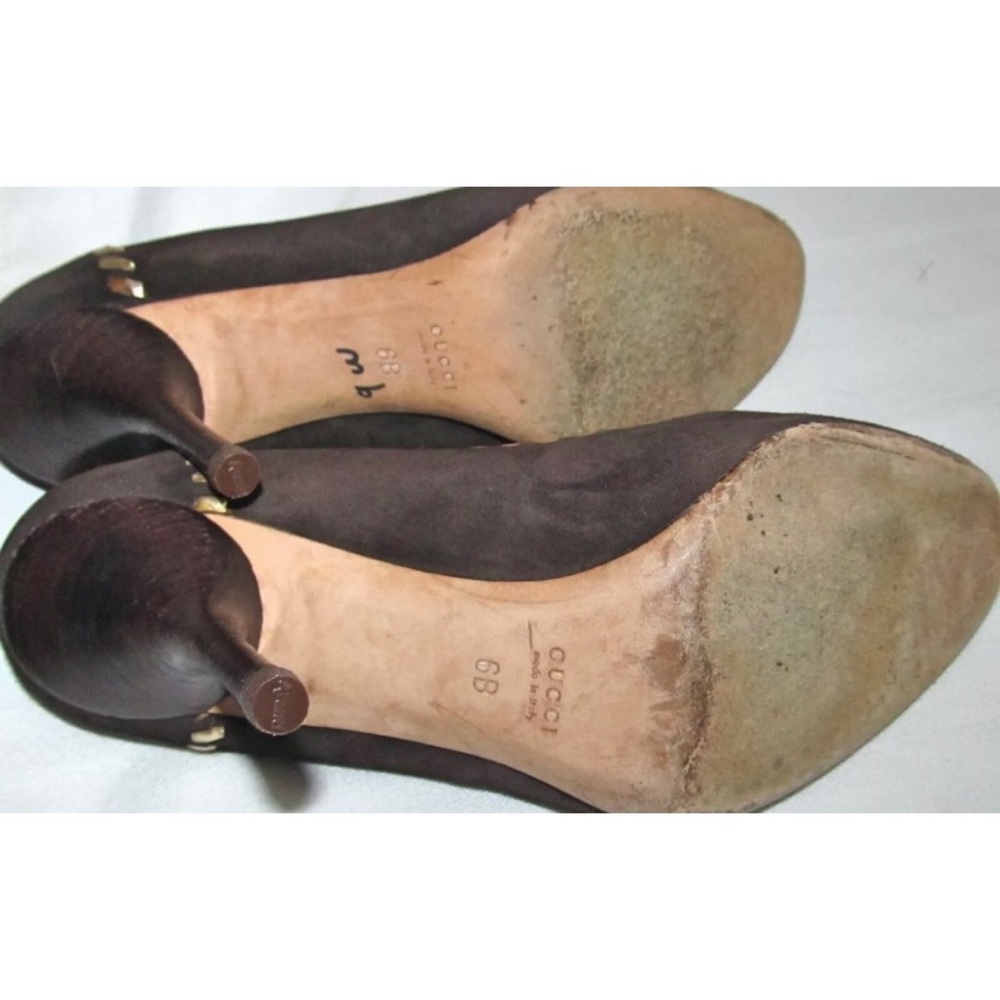 GUCCI Brown Suede Tassel Loafer Gold Stitch Heel Pumps Shoes Womens Size 6B 6 B - Picture 15 of 15